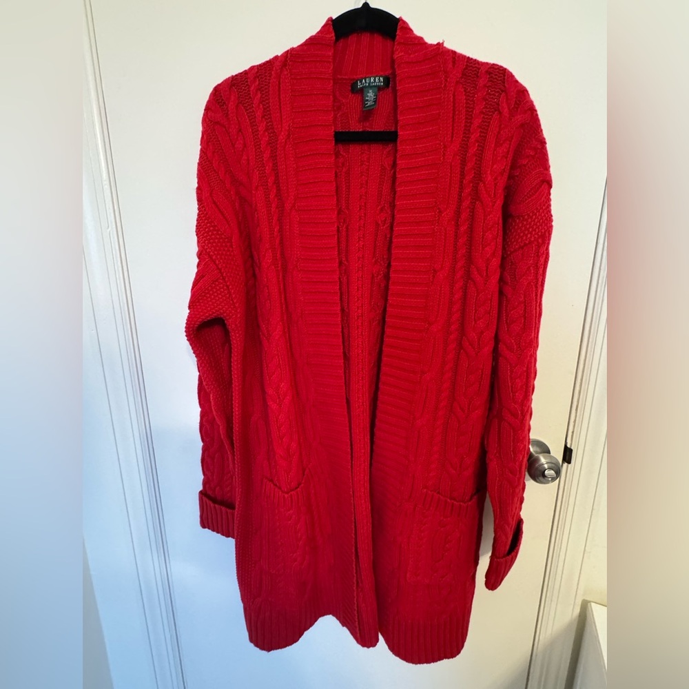 New Lauren Ralph Lauren Red Knit Cotton Coat/Cardigan